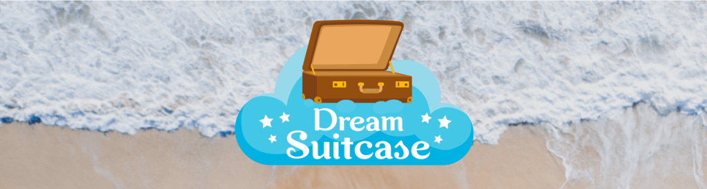 Dream Suitcase website header, a brown old school suitcase on top of blue clouds, designed by Kyle Haggerty. The logo is sitting on top of an image of waves hitting the beach.